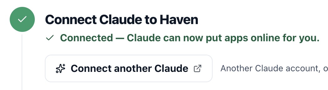 Haven dashboard, Connect Claude page, with the button that opens Claude