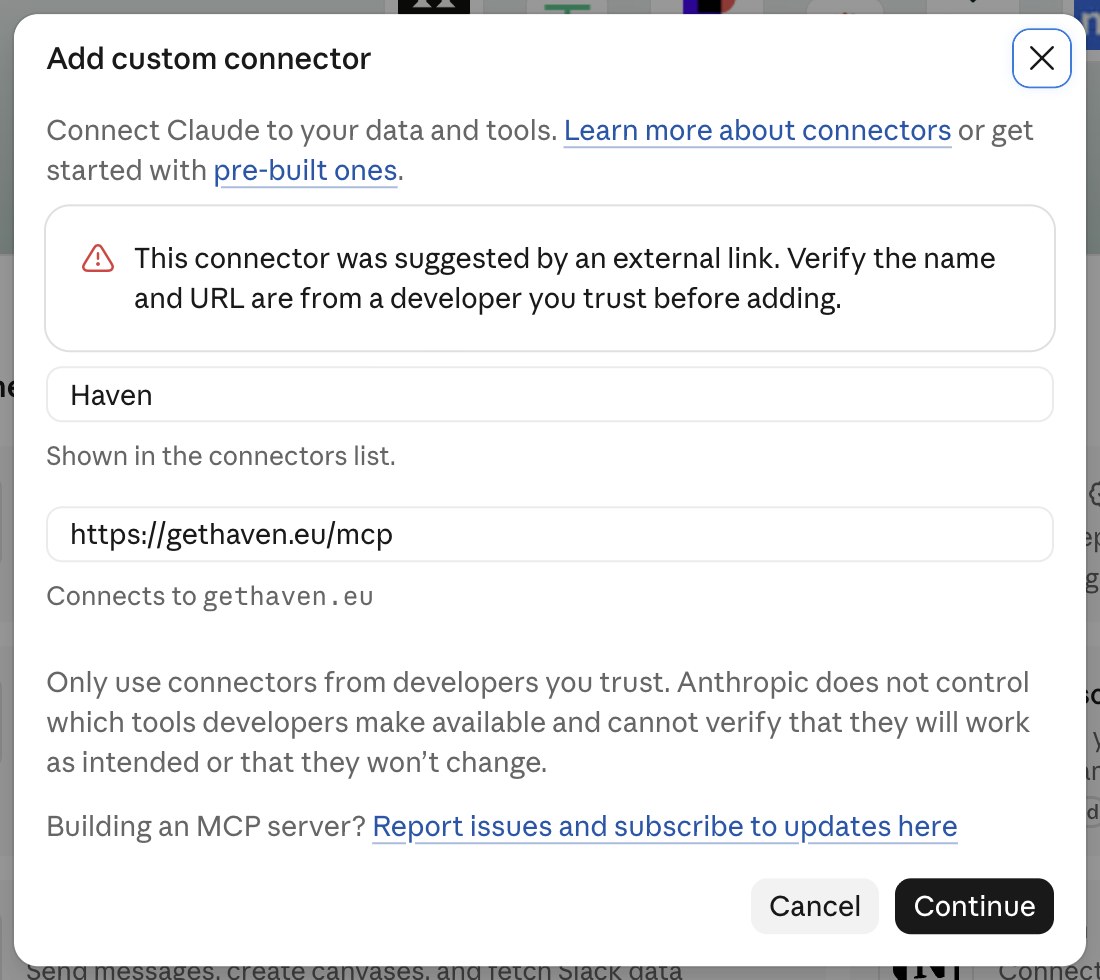 Claude: Add custom connector dialog with the name Haven and address https://gethaven.eu/mcp